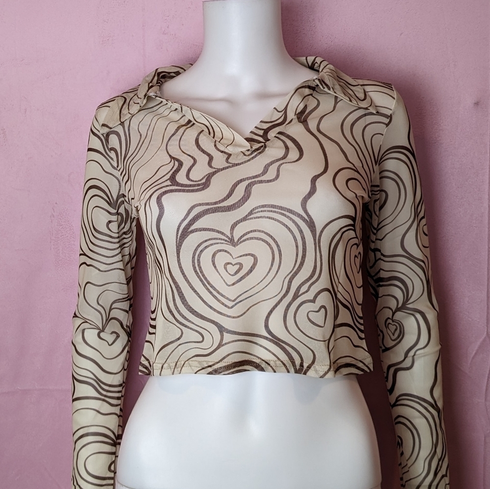 Dolls Kill Daisy Street Sheer Mesh Marble Heart Print Crop Top size 8